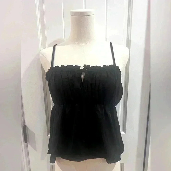 American Eagle Cinched Silky Babydoll Top Black Tie Front Size Small NWT - Picture 2 of 3